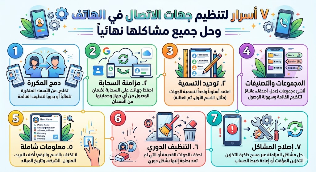 ٧ أسرار لتنظيم جهات الاتصال في الهاتف وحل جميع مشاكلها نهائيا